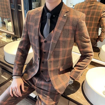 Высококачественный плед (костюм + жилет + брюки) Новая мужская деловая красивая корейская версия The Trend Slim Casual Fashion Suit Set