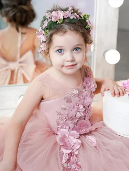 Розовые платья для девочек с тюлем пухлые 3D цветы с бантом без рукавов для свадьбы день рождения платья для первого причастия