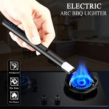 Новый светодиодный дисплей Электрический импульсный беспламенный дуговой зажигалка USB Перезаряжаемая свеча Кухонная газовая плита Пистолет для зажигания Высококачественные мужские подарки
