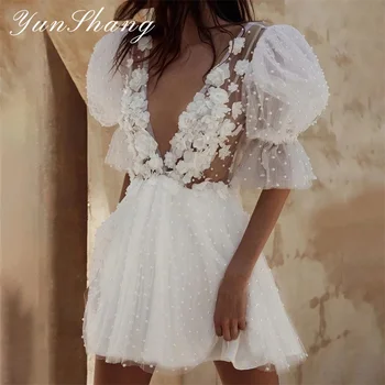 Yunshang Короткое свадебное платье 2024 Открытая спина V-образным вырезом Половина пышного рукава 3D Цветы Плеры Свадебное платье Sweep Train Vestidos De Novia