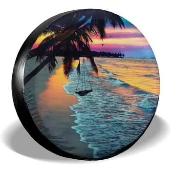 Coconut Beach Sunset Hammock Крышка запасного колеса Водонепроницаемые УФ-чехлы на солнцезащитные колеса, подходящие для прицепа, RV, внедорожника 17 дюймов