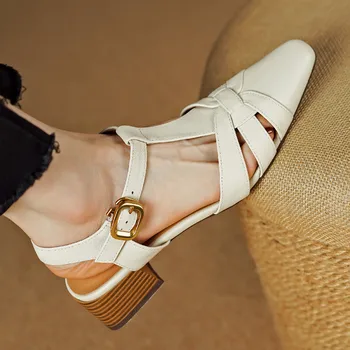 Женская обувь из натуральной кожи с узким ремешком и плетеным Т-образным ремешком сандалии ретро женские на низком каблуке летние женские сандалии обувь женская