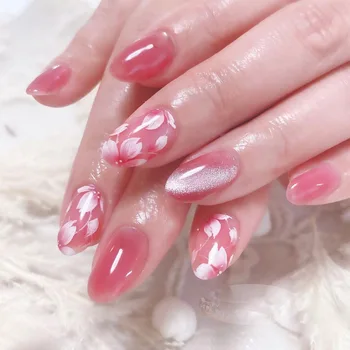 24Pcs/set Короткие французские накладные ногти Румяна Розовый цветок Вспышка Искусственные ногти Съемные многоразовые украшения для ногтей