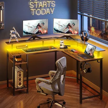 Rolanstar L-образный игровой стол со светодиодной подсветкой и розетками, 55,1-дюймовый компьютерный стол с подставкой для монитора и полкой для хранения