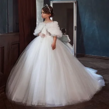 Белые кружевные платья для девочек Длина до пола Платье для первого причастия Принцесса Цветочница Платья для свадеб