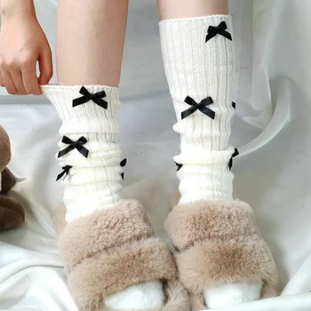Японские женские чулки с бантом, длинные носки, лолита в стиле, вязаные, теплые, до колена, носки, сладкие девушки, милый бант, бедро, высокий чулок