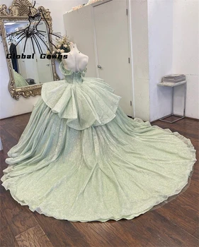 Новый дизайн Мятно-зеленые платья принцессы Quinceanera 2023 с открытыми плечами Кружева Хрустальные бусины Бальное платье Sweet 15 16 Платья Vestidos